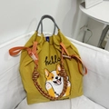 Yellow nylon tote bag featuring Corgi embroidery with orange straps and checkered handle - Yellow Corgi (Without Shoulder Strap)