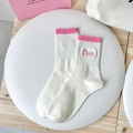 Pink striped cotton crew socks for women featuring cute bunny embroidery in white and pink - One Size / White English