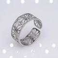 Silver adjustable stainless steel open ring with intricate cutout floral patterns - b5 Hollow Flower / Silver