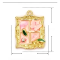 Pendentif rectangle en acier doré avec papillon en émail rose et feuilles vertes - YE834-2 Cadre Papillon Rose