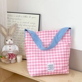 Japanese style checkered kids tote bag in pink and white with sky blue strap - Pink