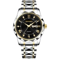 Men's two-tone quartz watch with black dial, gold Roman numerals and day-date display - Gold Band Black Dial Men