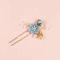 Peigne à cheveux de mariée avec feuille dorée fleur bleue et perles sur fond rose - Épingle à cheveux 2 fleurs / Bleu