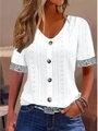 Camiseta blanca de bordado suizo con cuello en V, botones y remates de encaje - S / Blanco