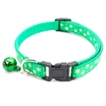 Detail of green nylon pet collar with white snowflake print and green metal bell - Green Snowflake