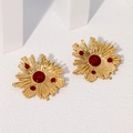 Irregular sunburst gold stainless steel earrings with deep red gemstones in vintage style - Burgundy