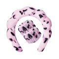 Pink leopard print plush headband and wristband set for face washing and makeup - Rose Red Leopard Headband + 2 Wristbands