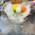 Hand-knitted tulip bouquet featuring white, yellow, and orange yarn flowers for gifting - Yellow Tulips