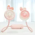 Pink and white portable neck fan with cute bunny ears and flexible adjustable hose - Rabbit Ear Cartoon Style (FQ1531C) / Pink White