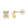 Close-up of gold geometric earrings with three clear moissanite stones and butterfly backs - Geometric Rectangle (E14909)