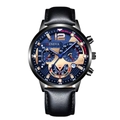 Montre à quartz pour hommes avec bracelet en cuir noir et cadran chronographe bleu or - Blanc laiteux