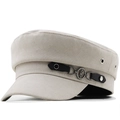 Casquette beige à dessus plat avec bordure en cuir noir et bouton métallique K - 56-59CM Réglable / Beige