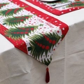 Linen Christmas table runner with red tassels and matching placemats for festive decor - Model H-Jacquard Christmas Tree Happy Holidays