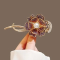 Elegant purple resin flower hair clip with pearl center and rhinestone details - French Retro Purple-Red Gradient Flower Hair Clip