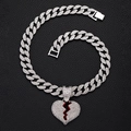 Collana Cuban Iced Out argento con pendente a cuore spezzato rosso stile hip hop - Ciondolo Argento con Catena Cubana
