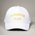 Detail of white trucker hat featuring yellow Hangover Hat embroidery and retro cord - One Size / White
