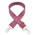 Close-up of colorful peacock pattern bag strap with durable silver metal hardware - Red Blue Dark Purple (Silver Buckle)
