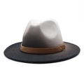 Detailed view of the gradient wool fedora featuring a brown leather band and gold buckle - Black Gradient