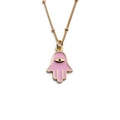 Golden Hamsa hand necklace with pink enamel and black eye pendant on white background - Light Pink