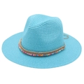 Detail of blue straw fedora hat featuring a colorful bohemian beaded band and rope decor - One Size / Lake Blue