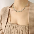 Silver snake chain necklace featuring multiple rectangular emerald green zircon pendants - Silver Color with Green Zircon (P340)