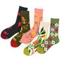 Set of five mid-calf socks with colorful floral and animal patterns on a white background - One Size / Proud Cat and Floral Collection