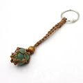 Handmade green crystal stone keychain in brown woven mesh net with silver ring - Green Aventurine + Brown Mesh Keychain