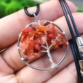 Handmade tree of life pendant with red orange agate stones and black cord necklace - Red Agate
