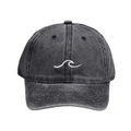 Front view of washed cotton baseball cap in charcoal black with wave embroidery logo - #2 Wave Embroidery (Thick Single Line)