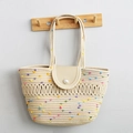 Handmade cream woven tote bag with colorful pom-poms and pearl button closure - Medium Colorful Dots Hollow No Silk Scarf