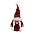 Gnome de Noël avec bonnet à paillettes rouges, tresses blanches et robe à carreaux sur fond blanc - Femelle (Tresses)