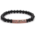 Beaded bracelet with black agate stones and rose gold zircon curved bar detail - Polished Black+Rose Gold