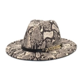 Detail of snakeskin fedora hat with black band and gold chain accent on white background - M (56-58cm) / Beige