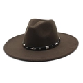 Close-up of dark brown fedora hat with black band featuring silver rivets and metal accents - M (56-58cm) / Brown
