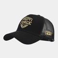 Detail of black trucker hat featuring mesh back and FORCE New York 1985 embroidery - Black With Yellow Letters (Spliced)