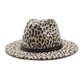 Wide brim leopard print wool fedora hat with studded black leather band detail - M (56-58cm) / Beige