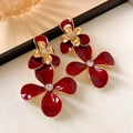 Elegant burgundy rose earrings with gold edges and crystals in a vintage floral design - Wine Red Gold Rim Double Layer Flower (5903598674564)