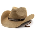 Classic wide brim straw cowboy hat with leather band and adjustable chin strap - Khaki