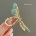 Blue hand-painted tulip claw clip in gold metal finish for women's hair 11cm - K32 Blue Tulip