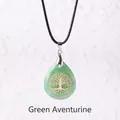 Water-drop Green Aventurine pendant necklace with golden Tree of Life engraving - Tree of Life Green Aventurine Pendant