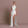 Elegant white satin halter neck dress with high slit and slim fit evening style - S / White