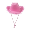 Close-up of pink cowboy hat featuring fluffy feather trim and adjustable drawstring - Adult Size (58cm) / Pink Feather With Silver Silk