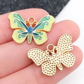 Colorful enamel butterfly pendant with green and blue tones and gold finish - Green Enamel Butterfly