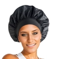 Satin sleep cap in black silk-like fabric worn by a female model on a white background - Black