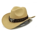 Khaki wool felt cowboy hat with vintage leather band and silver bull head emblem - M(56-58cm) / Khaki (Woven Bull Head Band)