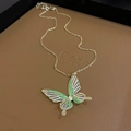 Elegant dopamine butterfly necklace with green translucent wings and shell pearl detail - Gold Green Butterfly Necklace (75#)