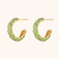 Golden C-shaped hoop earrings with light green enamel and diamond lattice pattern - Quilted Enamel Hoop Earrings - Light Green