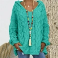 Close-up of vibrant turquoise cable knit hoodie with textured weave and V-neck details - S / Lake Blue