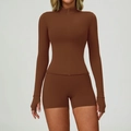 Slim-fit yoga set with mocha long sleeve zip jacket and high-waist shorts for women - M / Sand Brown