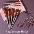 13-piece reddish-brown makeup brush set with matte grey handles and a pink suede pouch - 13Pcs Reddish Brown + Bag